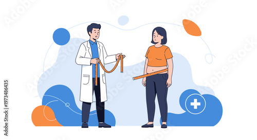 Doctor measuring obese woman's waist with tape measure for weight loss consultation