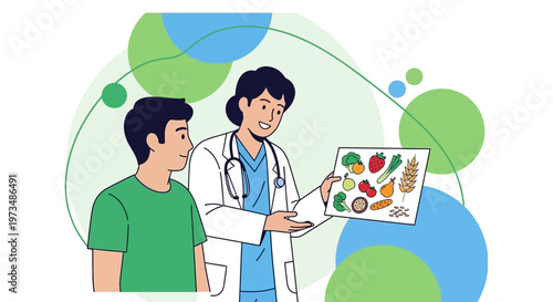 Doctor shows healthy food chart to young man, nutrition consultation, healthy lifestyle concept