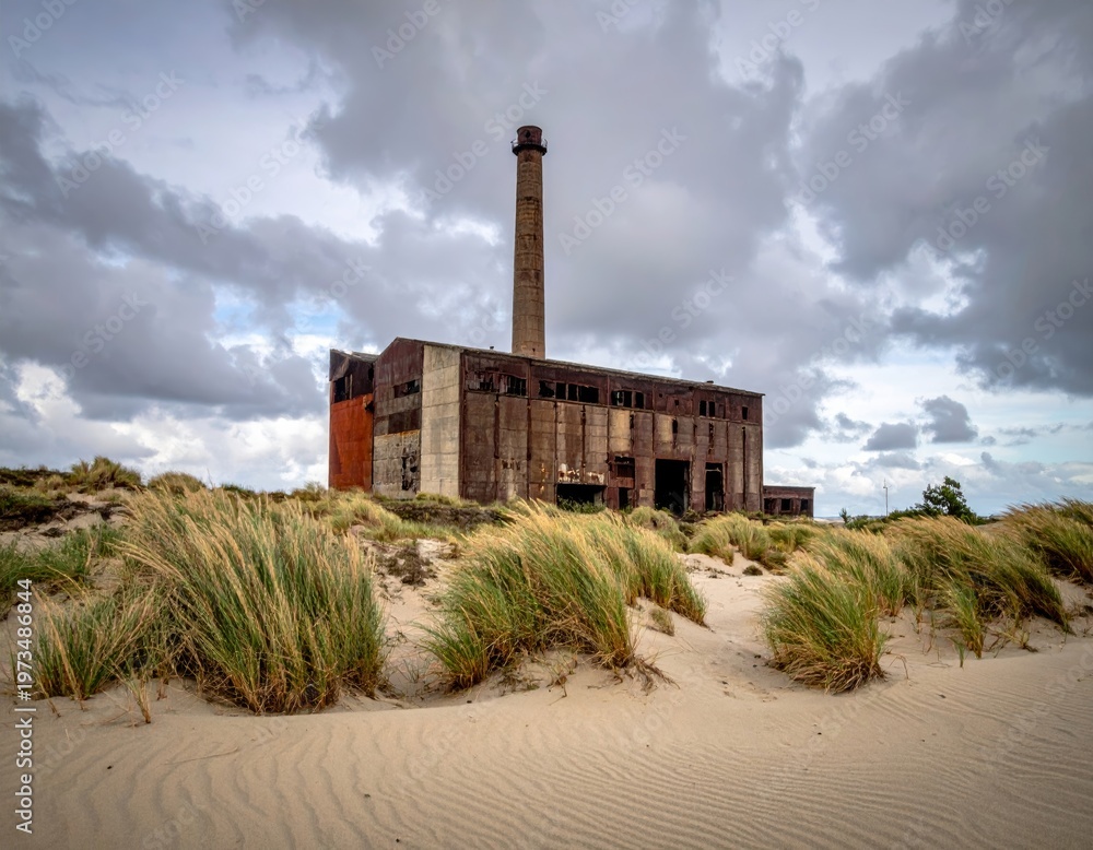 Fototapeta premium Old factory stands in sand with tall grass under cloudy sky near coast during afternoon light