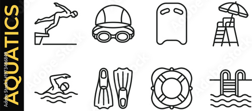 Swimming and aquatic sports line icon set featuring diver, goggles, fins, and lifeguard equipment for professional pool safety, competitive swimming training, and water recreation design.