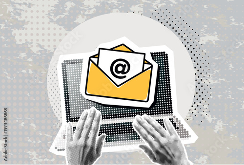 Trendy Halftone collage, Creative digital communication concept with an open envelope on laptop. Emails, messaging, verified documents, and secure correspondence for business and marketing