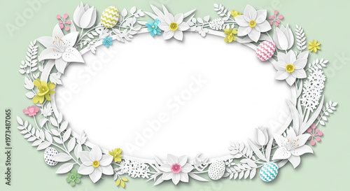 Paper cut floral border framing empty copy space for Easter message, modern stock design