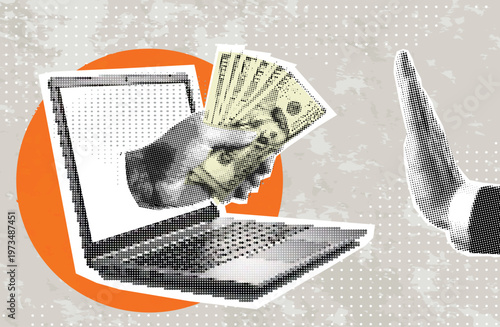 Trendy halftone collage of business concept. Stop Corruption, refusing to take bribery money concept, honest businessman hand refuse to take illegal money banknotes. Trendy modern retro illustration.
