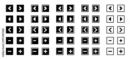 Pixel art arrow and plus minus buttons set in retro monochrome style. Includes navigation icons, directional controls and interface buttons for game menus, UI systems and interactive panels.