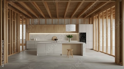 modern kitchen interior with wooden beams and minimalist design