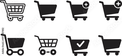 Collection of shopping cart icons in black and white various styles and symbols representing e commerce and retail