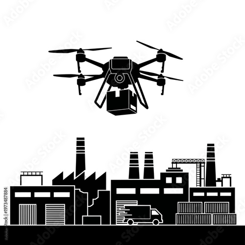 Drone Delivering Package Over Industrial Area Silhouette.