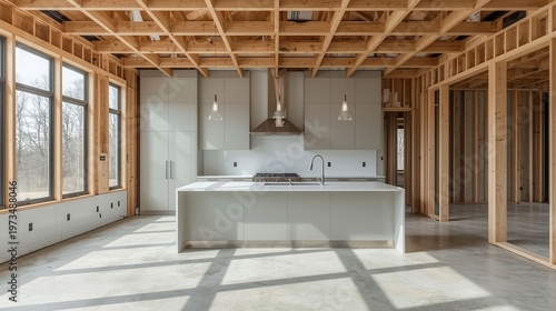 modern kitchen interior under construction with wooden framing