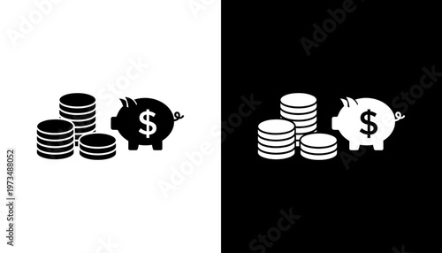 Piggy bank with coin stacks money.