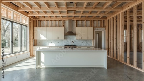 modern kitchen interior with exposed wooden beams and unfinished walls