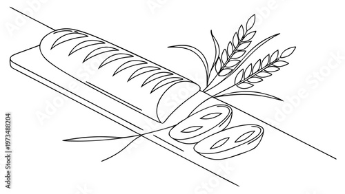 Freshly baked baguette with wheat stalks on a wooden board, a simple and wholesome illustration.