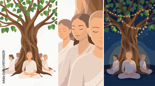 Visakha Bucha Day Meditating People Under Bodhi Tree