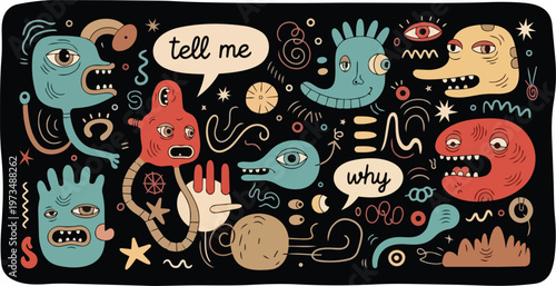 Monsters communicate emotions through speech bubbles in a whimsical illustration
