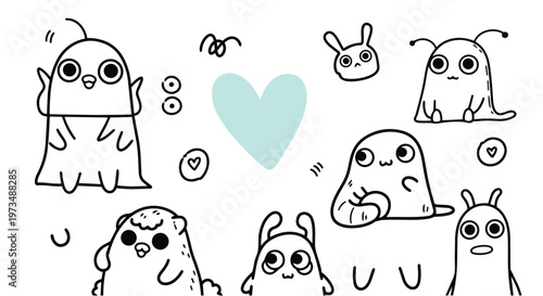 Cute ghostly creatures surround a heart with various expressions and symbols.