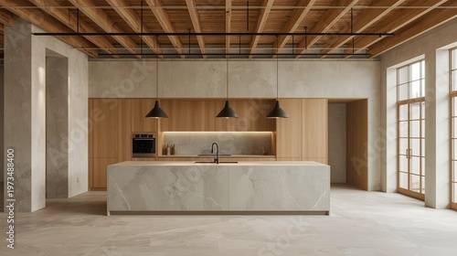 Modern kitchen interior design concept with marble island and wooden accents