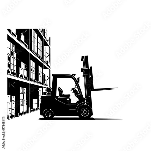 Forklift Illustration in Black and White, Warehouse Vehicle.