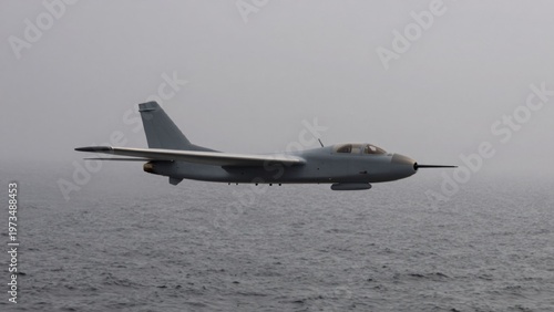 Taken low angle looking small unmanned aircraft flying vast expanse water center frame body facing towards rig