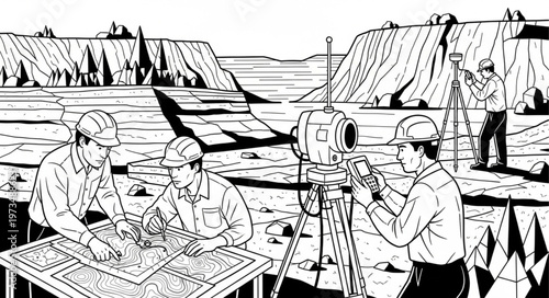 Surveyors at Work - Detailed Illustration of Land Surveying Team.