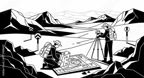 Surveyors Mapping a Mountainous Landscape with Precision Instruments.