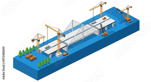 Suspension bridge construction with cranes and support towers.