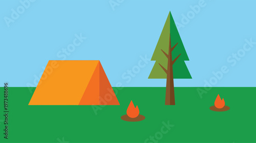 Camping scene with tent and campfire.