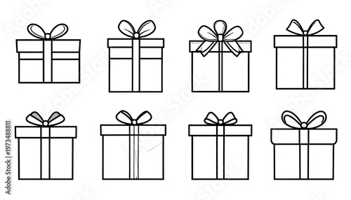 Eight gift boxes of varying shapes and bows, presented as line art on a clean white background