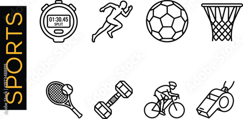 Sports and fitness icon set featuring soccer ball, running athlete, stopwatch, cycling, tennis racket, dumbbell, basketball hoop and whistle, flat line art vector for gym and competition