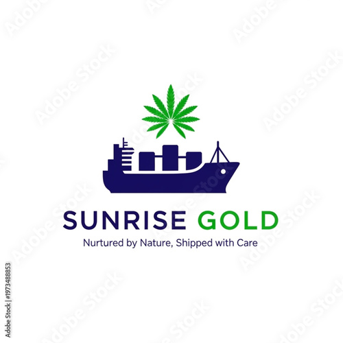 Sunrise Gold Logo Featuring Cargo Ship and Cannabis Leaf.