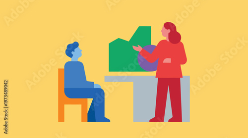 Two people interacting at a desk.