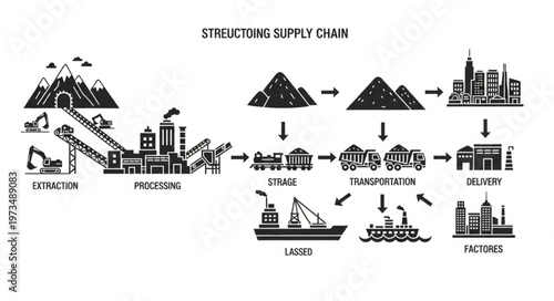 Supply Chain Stages - Extraction, Investment, Storage, Transport, Delivery.