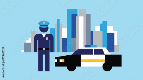 Police officer standing next to a police car.