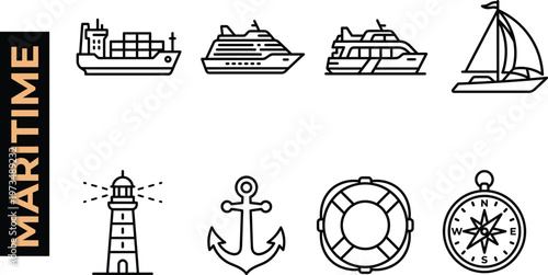 Maritime and Nautical Line Icon Set featuring Cargo Ships, Cruise Liners, Yachts, Sailboats, Lighthouses, Anchors, Lifebuoys, and Compasses for Shipping, Logistics, and Travel Design