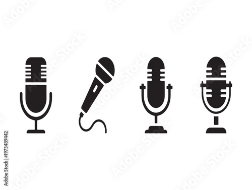 Four vintage and modern microphone icons in black silhouette style