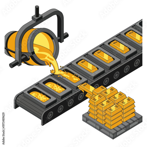 Gold Bar Production - Molten Gold Poured into Molds on Conveyor Belt.