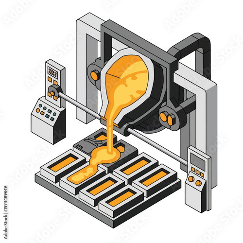 Automated Metal Casting Process - Molten Metal Pouring into Molds.