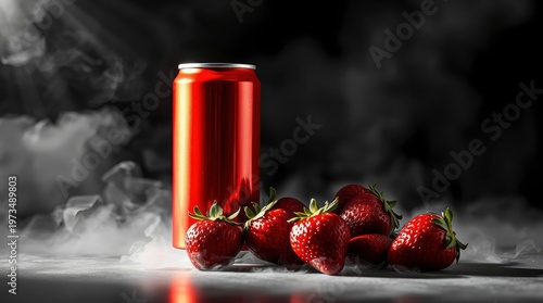A visually striking still life composition features a vibrant, generic red beverage can standing prominently next to a delicious cluster of fresh, ripe strawberries. The scene is dramatically enhanced