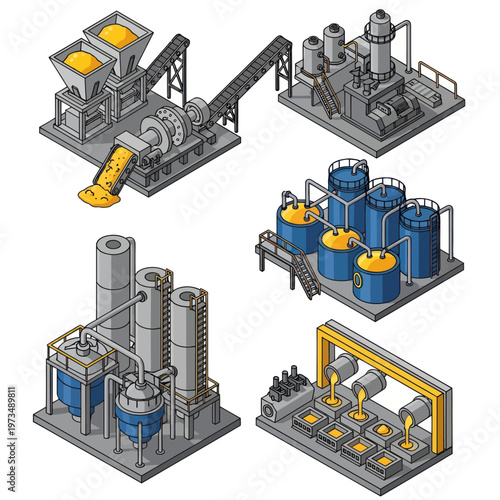 Isometric Industrial Plant Illustration - Manufacturing Processes and Infrastructure.