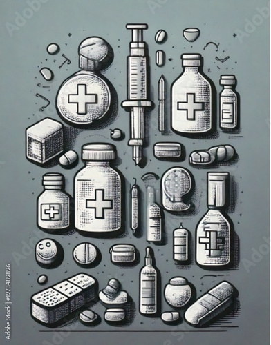 Pixelated Medical Supplies and Pharmaceutical Items Collection.