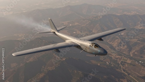 High-resolution taken bird's eye showcasing futuristic aircraft flying mountainous landscape glider sleek aero