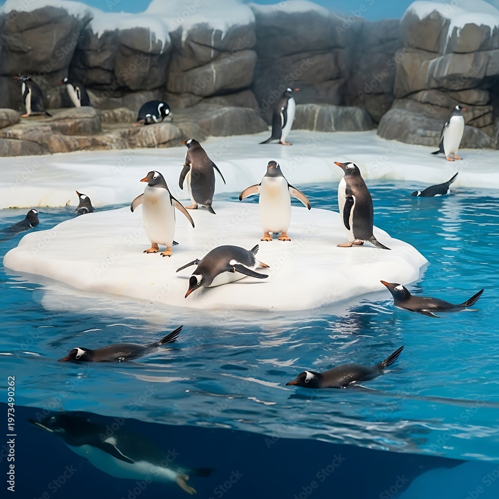 Obraz premium Penguins swimming and standing on ice in the water.