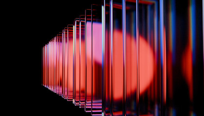 Series of reflective glass panels with vibrant red and blue lights create futuristic and abstract visual effect