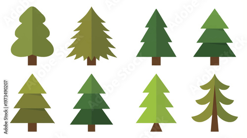 A collection of various green cartoon pine trees.