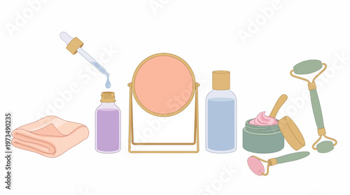 Skincare Essentials: A collection of skincare essentials arranged meticulously, comprising a dropper bottle dispensing serum, a compact mirror, moisturizer, and a facial roller.