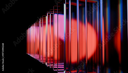 Bild auf Leinwand Series of reflective glass panels with vibrant red and blue lights create futuri