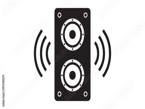 Black and white illustration of a tall speaker emitting sound waves