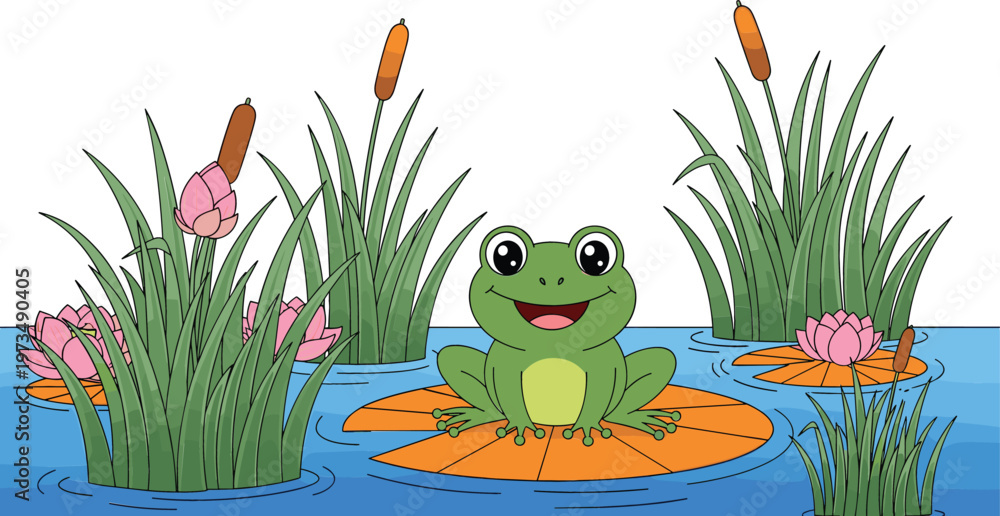 Fototapeta premium Cute frog sitting on lily pad in pond with reeds and lotus flowers cartoon nature vector illustration