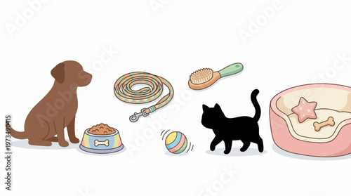 Pet Care Object Set Dog Food Bowl Leash Toy Brush Cat Bed Animal Vector Illustration Isolated on White Background