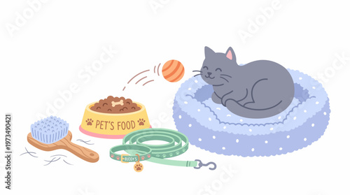 The Cat's Comfort Corner: A cozy setup featuring a content cat, surrounded by its essentials – a bed, food, leash, brush, and toy, creating a haven of comfort and play.