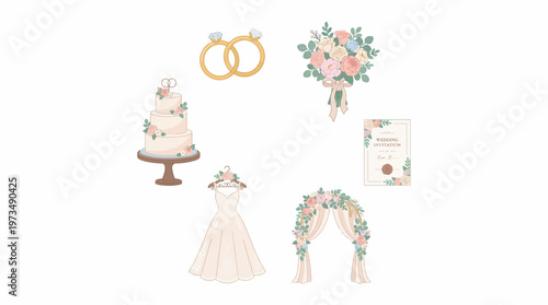 Wedding Day Essentials: A charming collection of wedding day symbols including wedding rings, a bridal bouquet, wedding invitation, cake, gown, and floral arch.