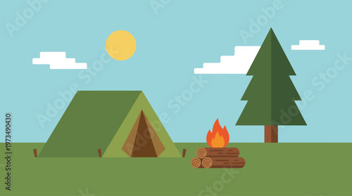 Camping scene with tent and fire.